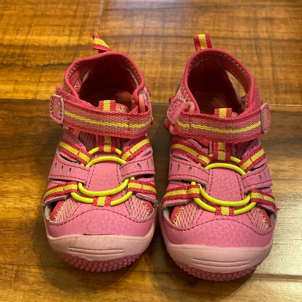 Pink and yellow Stride Rite Baby Petra Velcro strapped wide width shoe